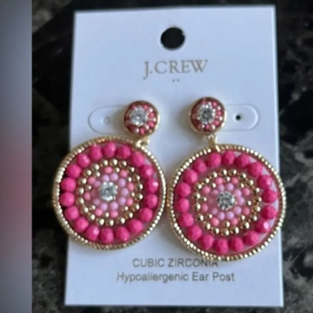 J CREW Women's Beaded Circle Statement‎ Pink Earrings Drop Party Prom